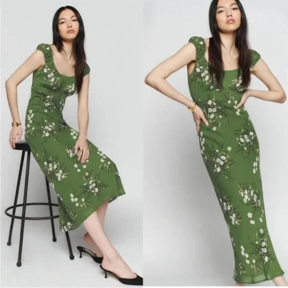 Reformation Dresses & Skirts - NEW, Reformation Demy Floral-Print Georgette Midi Dress in Green Sz M #MD1426